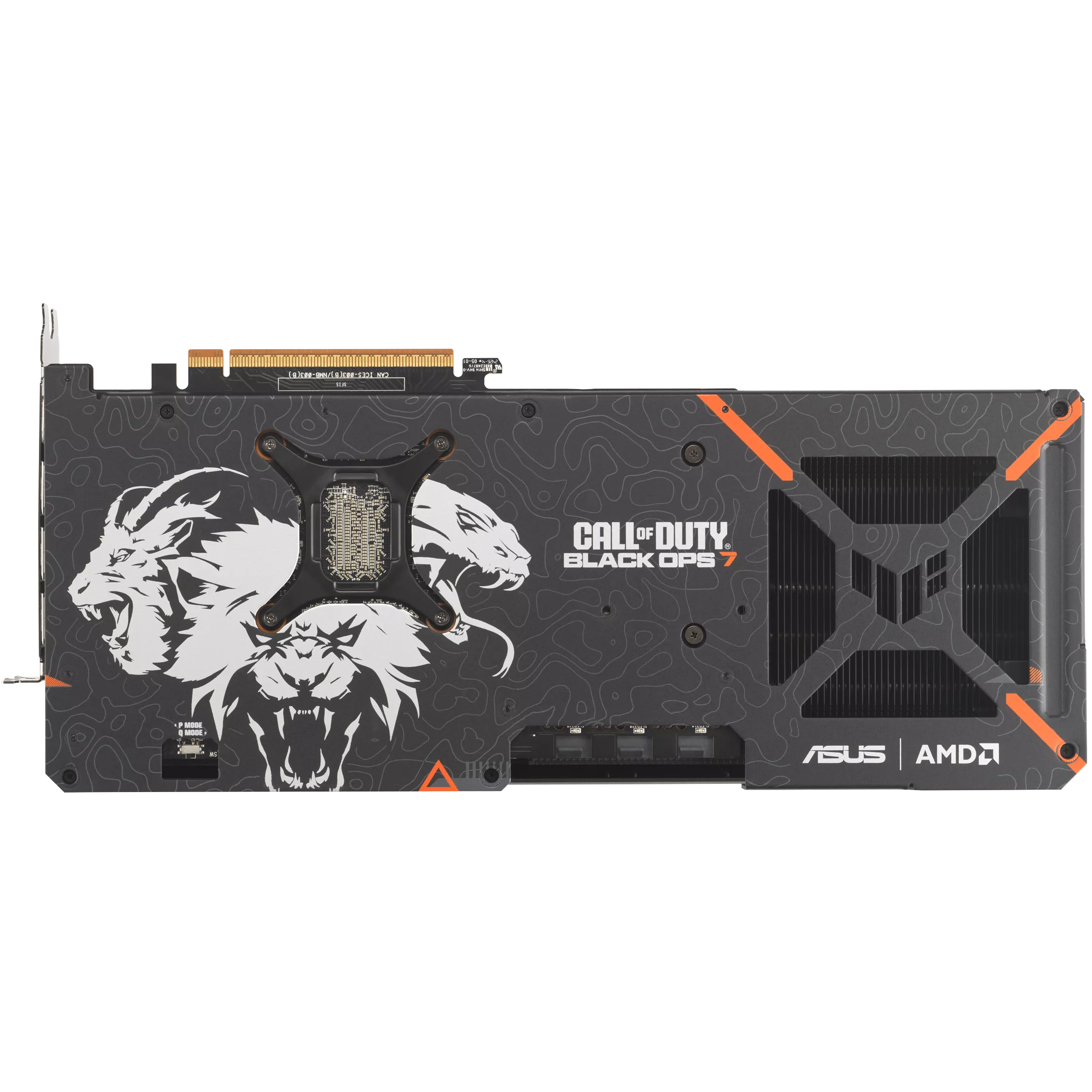 A large main feature product image of ASUS Radeon RX 9070 XT TUF 16GB GDDR6 - Black Ops 7 Edition