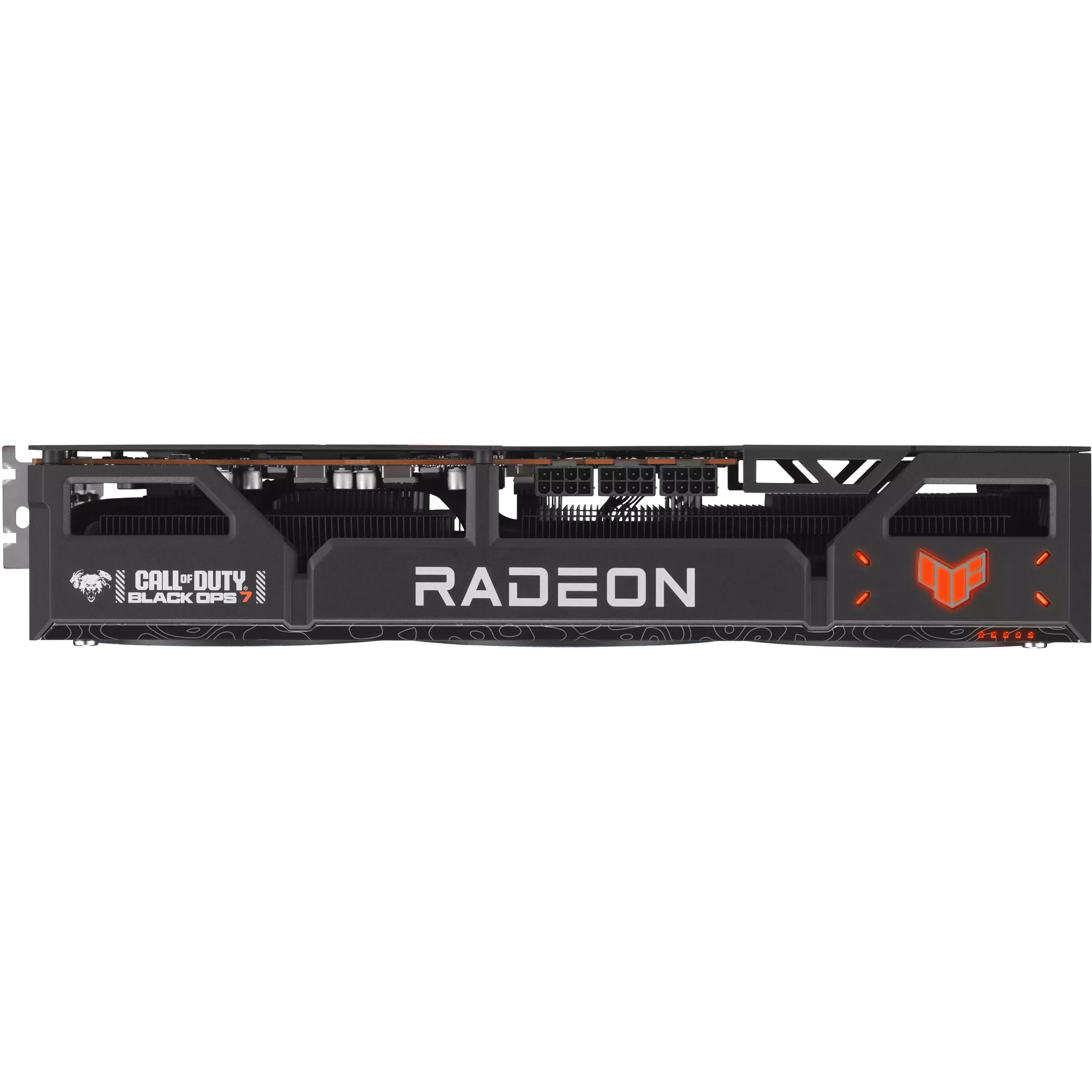 A large main feature product image of ASUS Radeon RX 9070 XT TUF 16GB GDDR6 - Black Ops 7 Edition