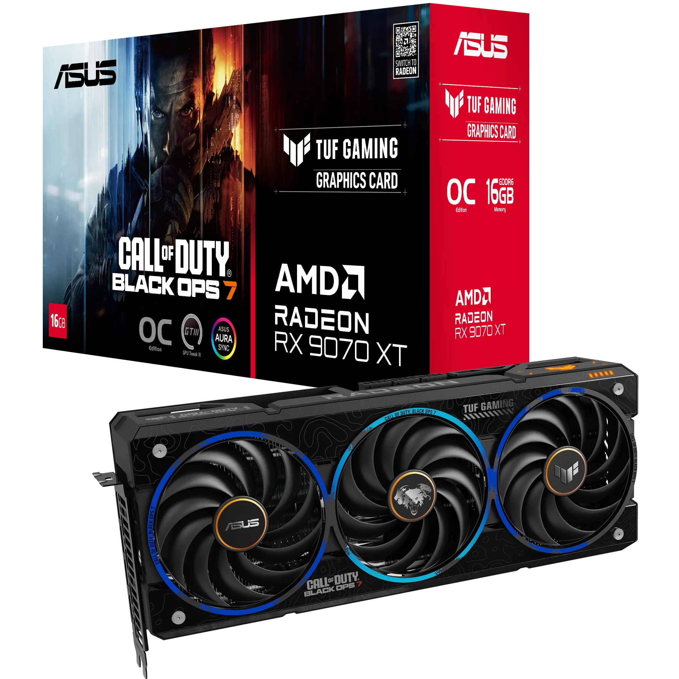 A large main feature product image of ASUS Radeon RX 9070 XT TUF 16GB GDDR6 - Black Ops 7 Edition