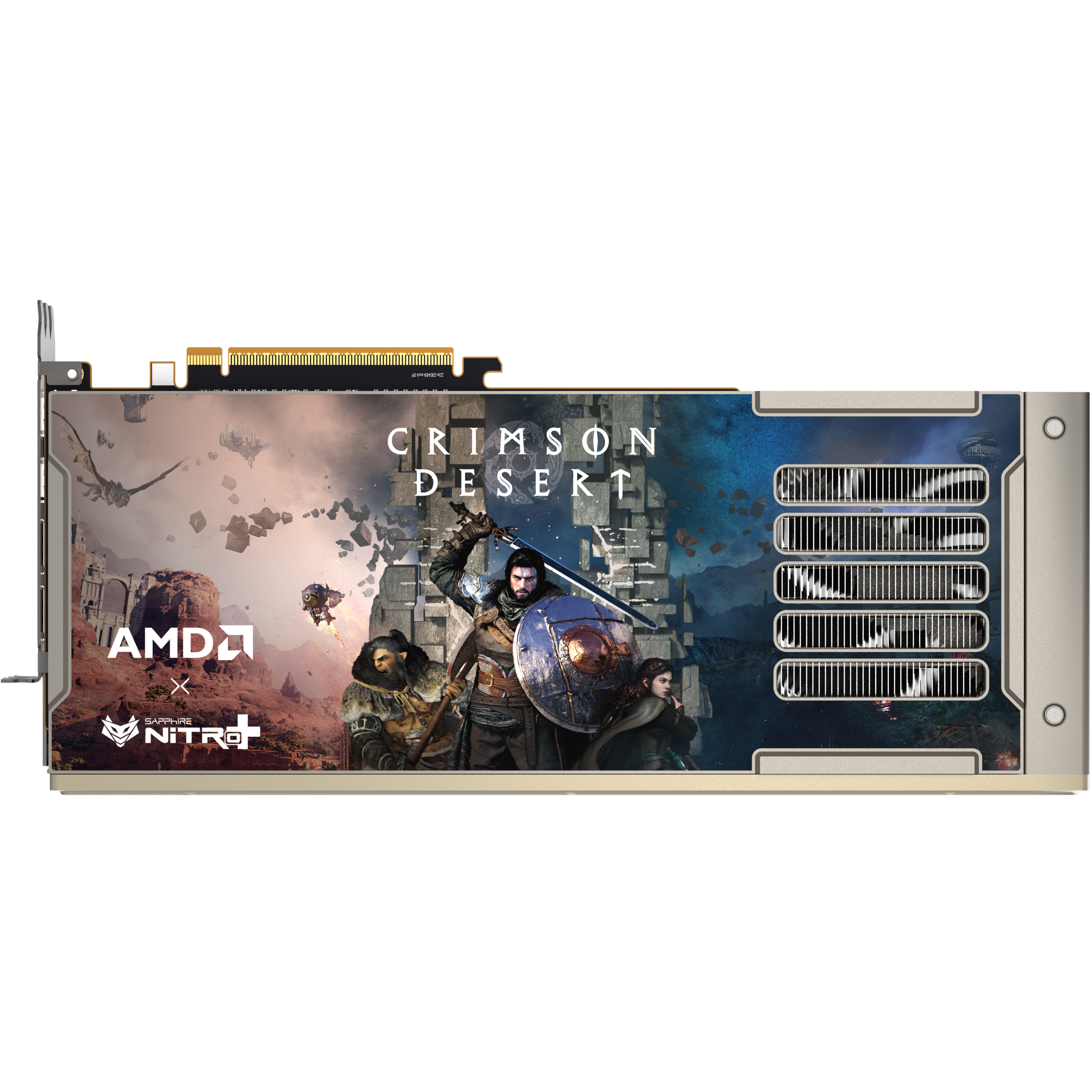 A large main feature product image of SAPPHIRE NITRO+ Radeon RX 9070 XT 16GB GDDR6 - Crimson Desert Edition