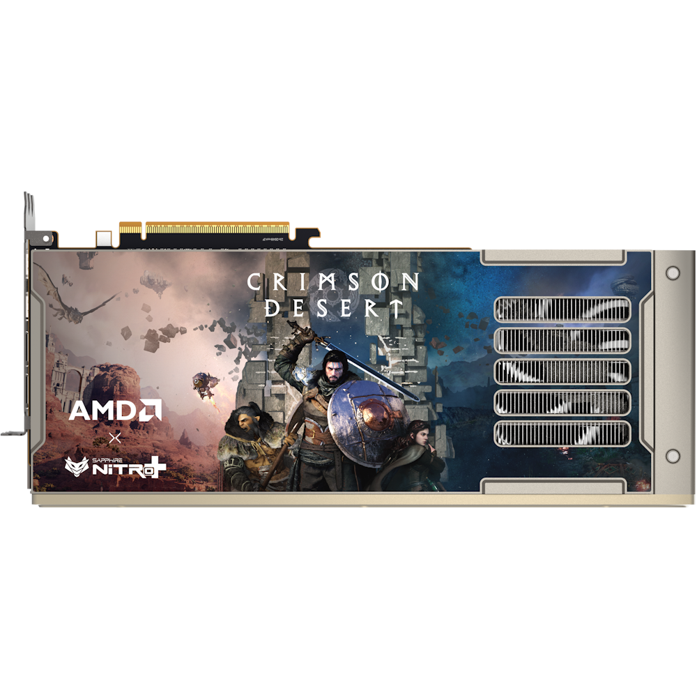 A large main feature product image of SAPPHIRE NITRO+ Radeon RX 9070 XT 16GB GDDR6 - Crimson Desert Edition