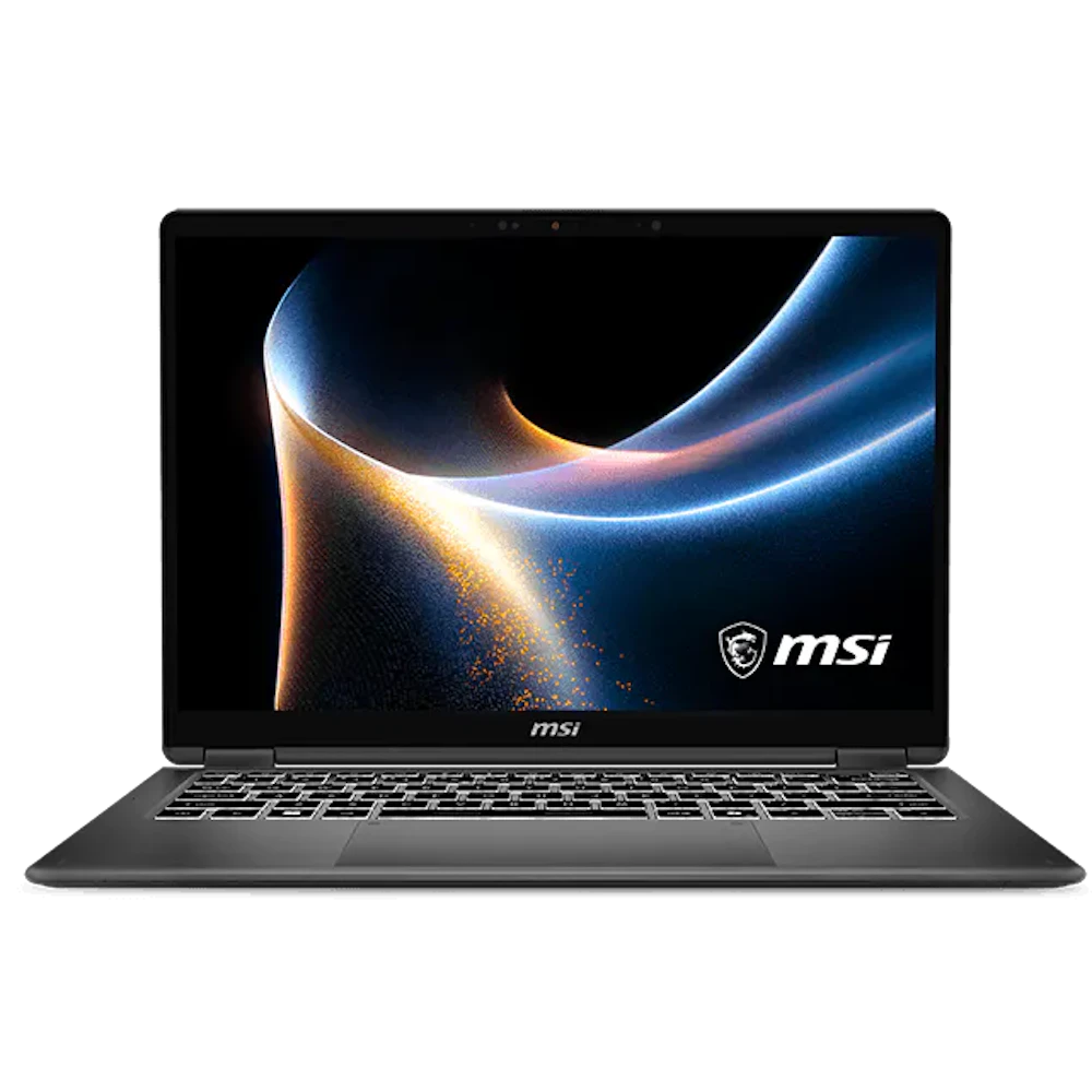 A large main feature product image of MSI Prestige 14 Flip AI+ (D3M) - 14" OLED Touch, Ultra 9 386H, 32GB/2TB - Win 11 Notebook (Platinum Grey)