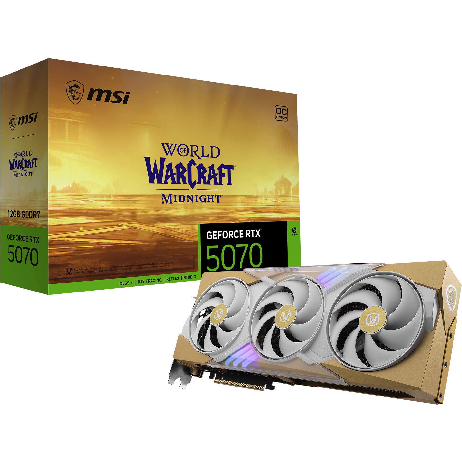 A large main feature product image of MSI GeForce RTX 5070 12GB GDDR7 World of Warcraft MIDNIGHT LIGHT EDITION OC