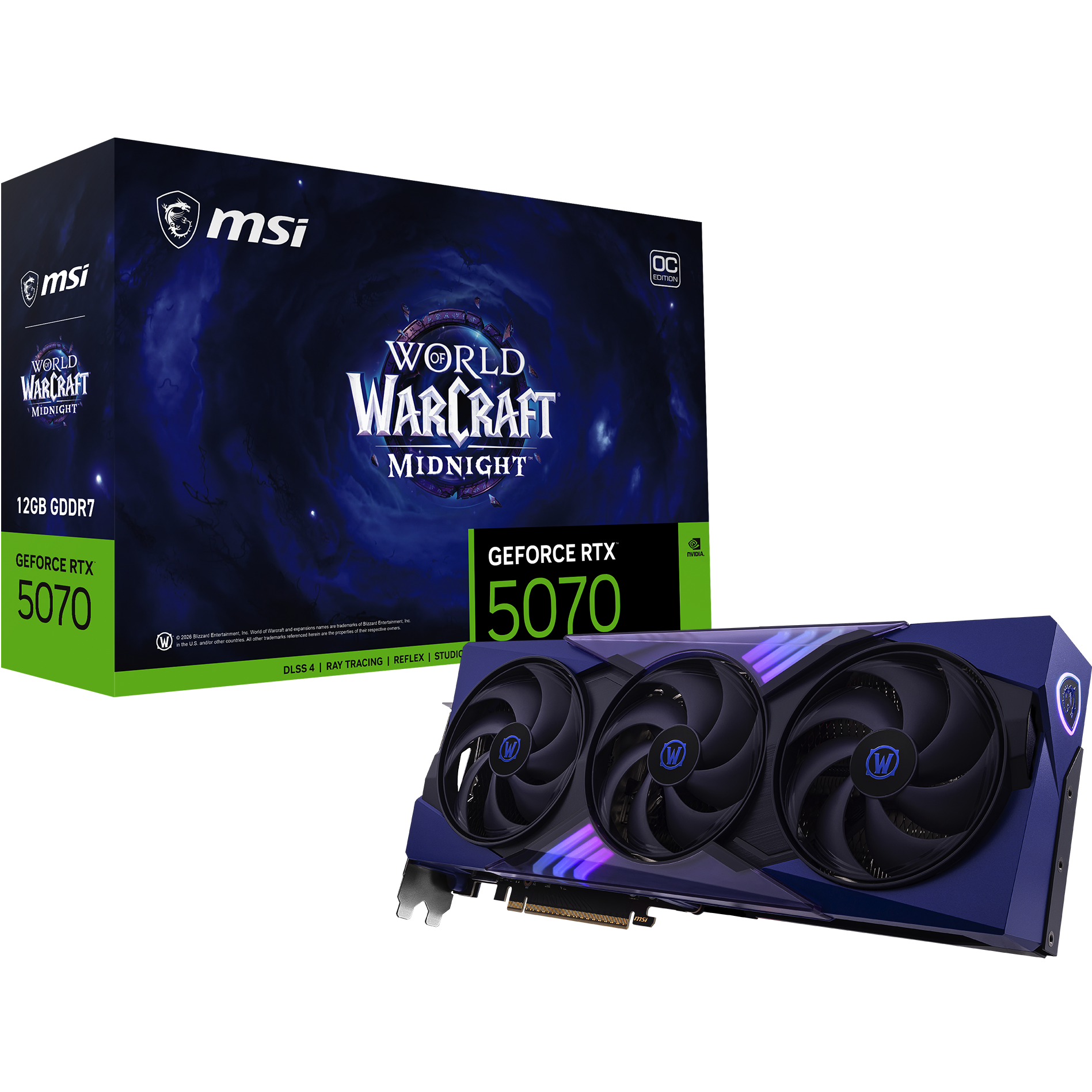A large main feature product image of MSI GeForce RTX 5070 World of Warcraft OC 12GB GDDR7 - Midnight Void Edition