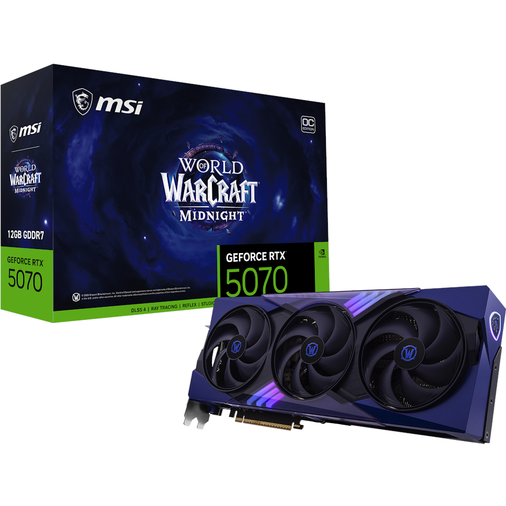 A large main feature product image of MSI GeForce RTX 5070 World of Warcraft OC 12GB GDDR7 - Midnight Void Edition