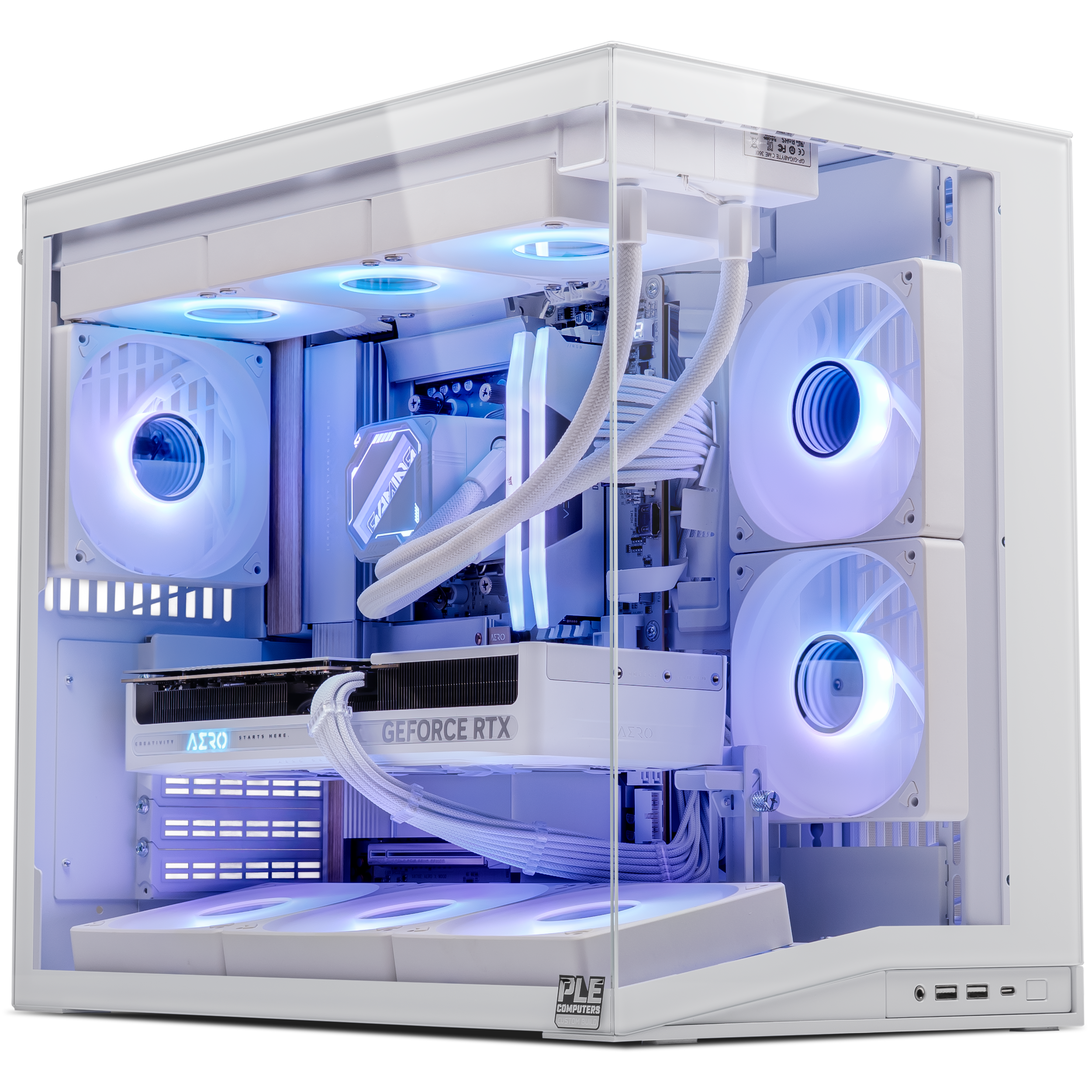 A large main feature product image of PLE Aero RTX 5080 Prebuilt Ready To Go Gaming PC