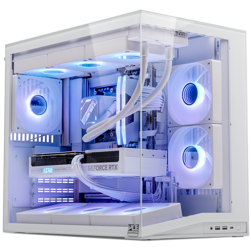A large main feature product image of PLE Aero RTX 5080 Prebuilt Ready To Go Gaming PC