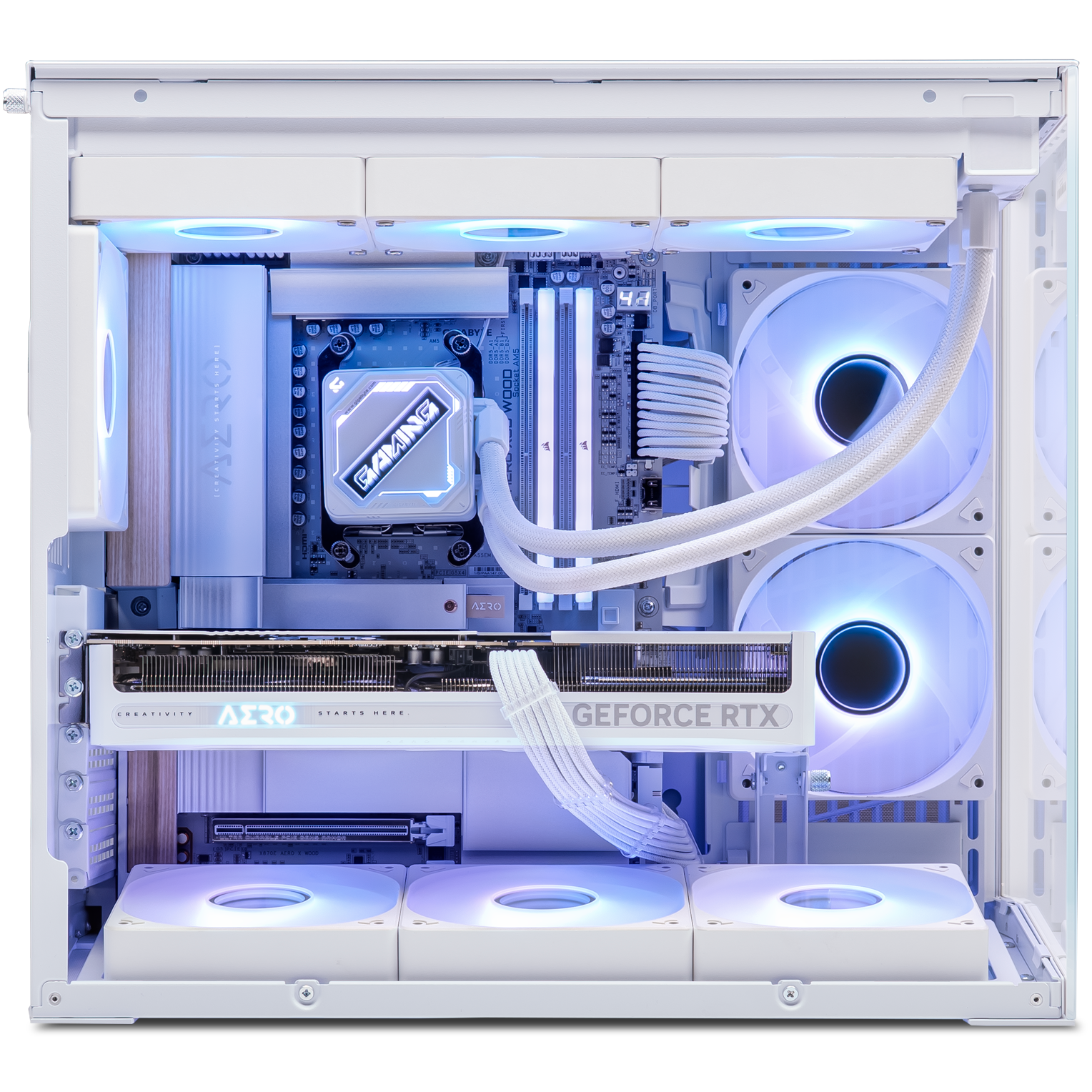A large main feature product image of PLE Aero RTX 5080 Prebuilt Ready To Go Gaming PC