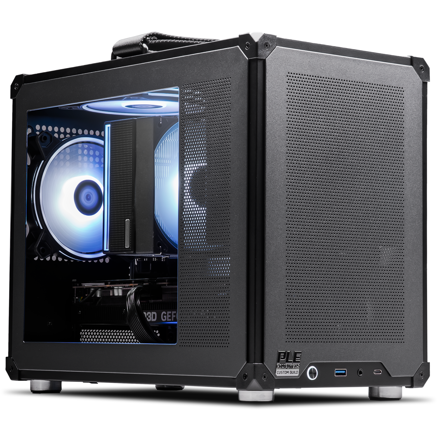 A large main feature product image of PLE Turret RTX 5060 Ti Prebuilt Ready To Go Gaming PC