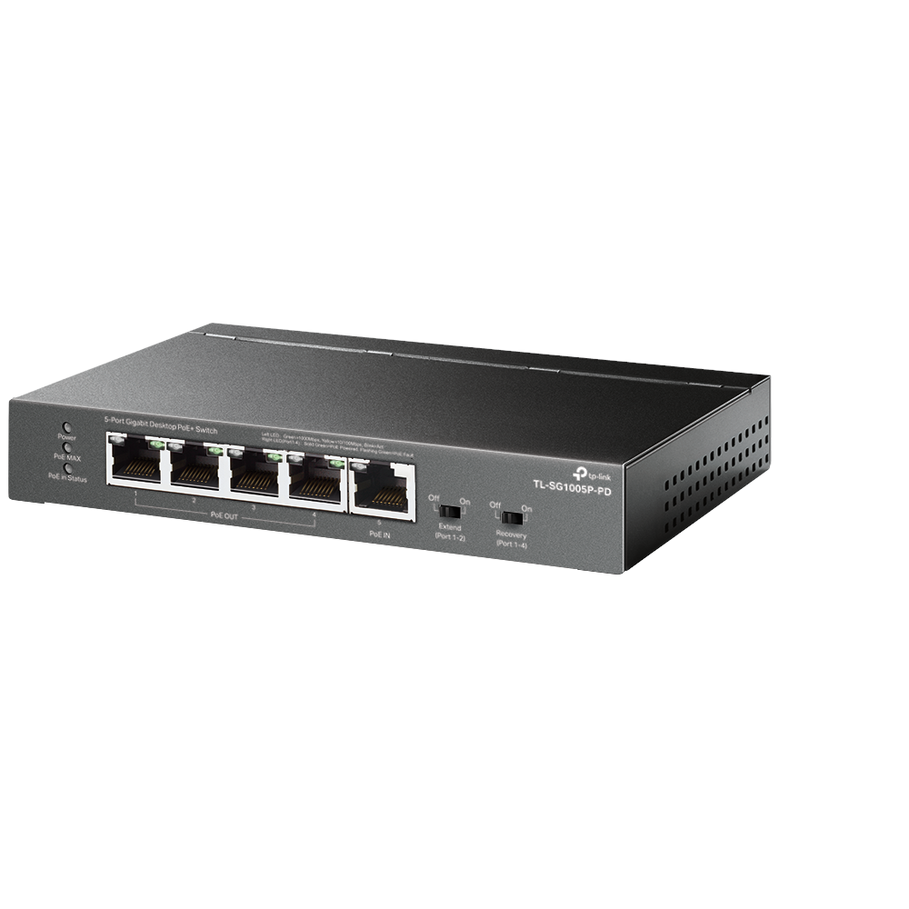 A large main feature product image of EX-DEMO TP-Link TL-SG1005P-PD - 5-Port Gigabit Desktop PoE+ Switch