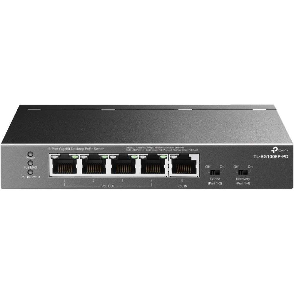 A large main feature product image of EX-DEMO TP-Link TL-SG1005P-PD - 5-Port Gigabit Desktop PoE+ Switch