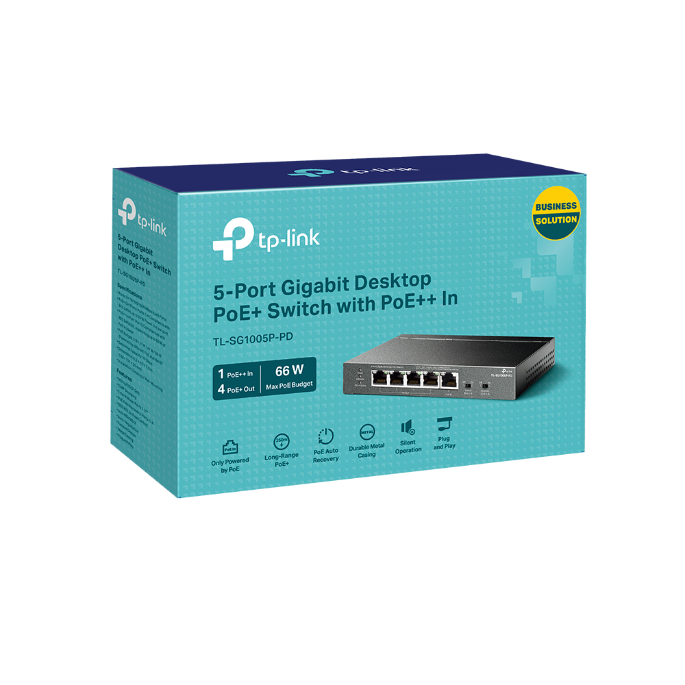 A large main feature product image of EX-DEMO TP-Link TL-SG1005P-PD - 5-Port Gigabit Desktop PoE+ Switch 