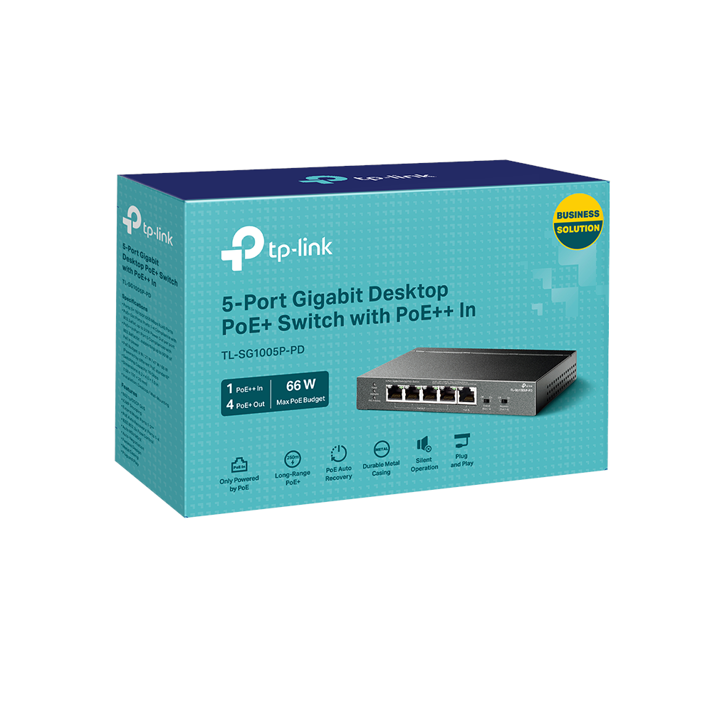A large main feature product image of EX-DEMO TP-Link TL-SG1005P-PD - 5-Port Gigabit Desktop PoE+ Switch