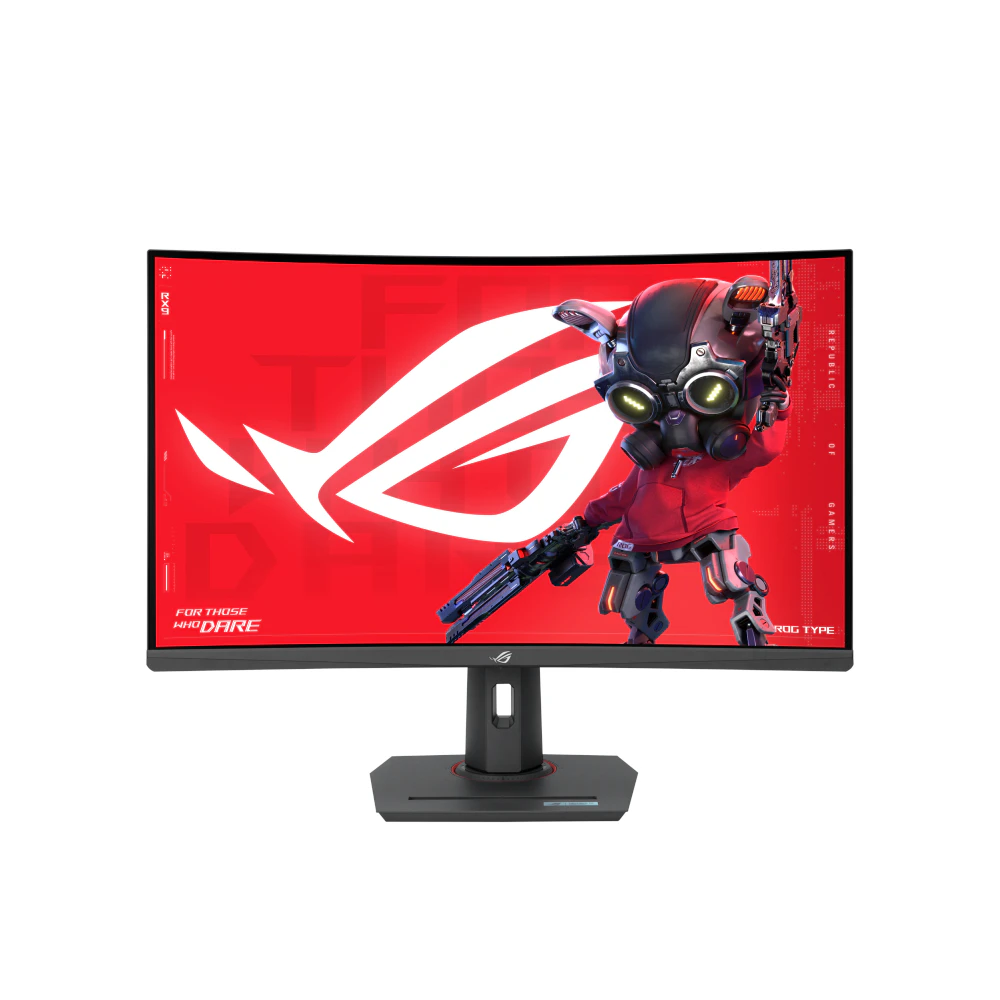 A large main feature product image of EX-DEMO ASUS ROG Strix XG32WCMS - 32" Curved 1440p 280Hz Fast VA Gaming Monitor