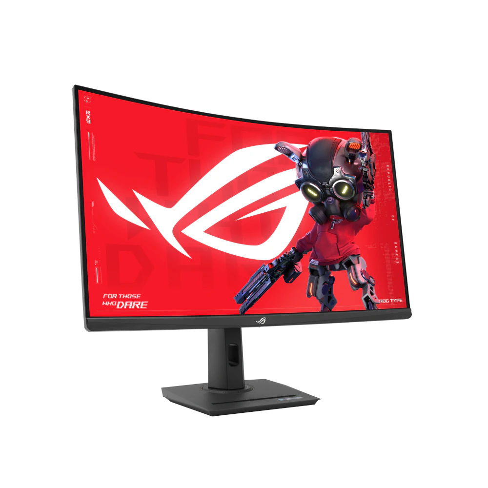 A large main feature product image of EX-DEMO ASUS ROG Strix XG32WCMS - 32" Curved 1440p 280Hz Fast VA Gaming Monitor