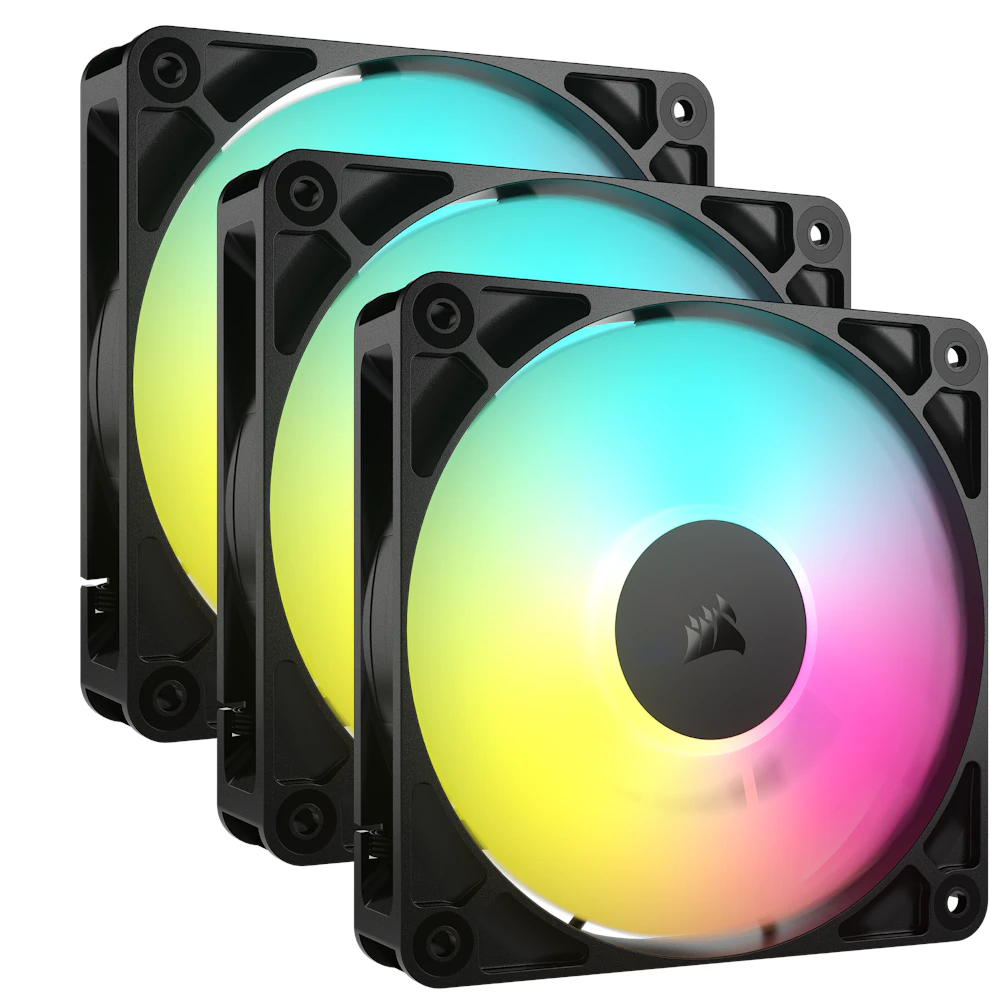 A large main feature product image of EX-DEMO Corsair RS120 ARGB - 120mm PWM Fan 3-Pack (Black)