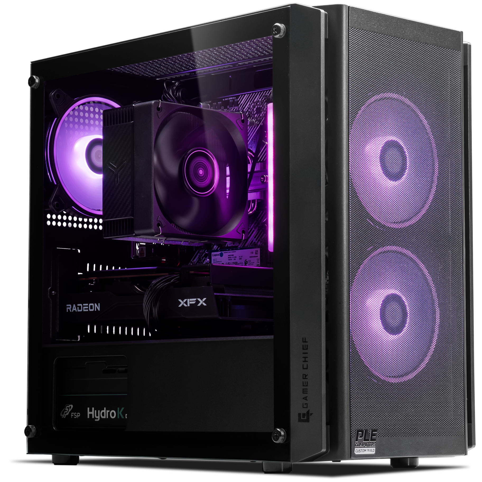 A large main feature product image of PLE Edge RX 9060 Prebuilt Ready To Go Gaming PC