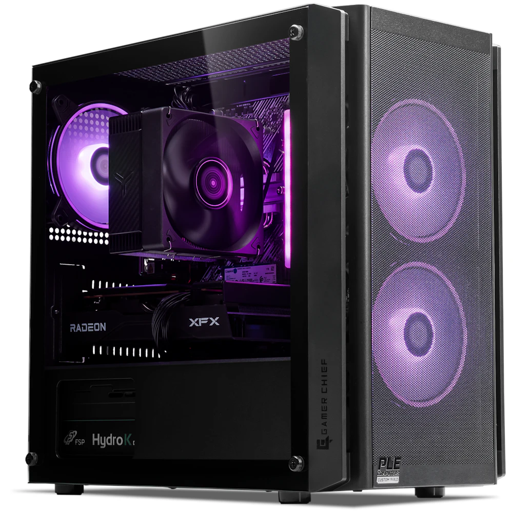 A large main feature product image of PLE Edge RX 9060 Prebuilt Ready To Go Gaming PC