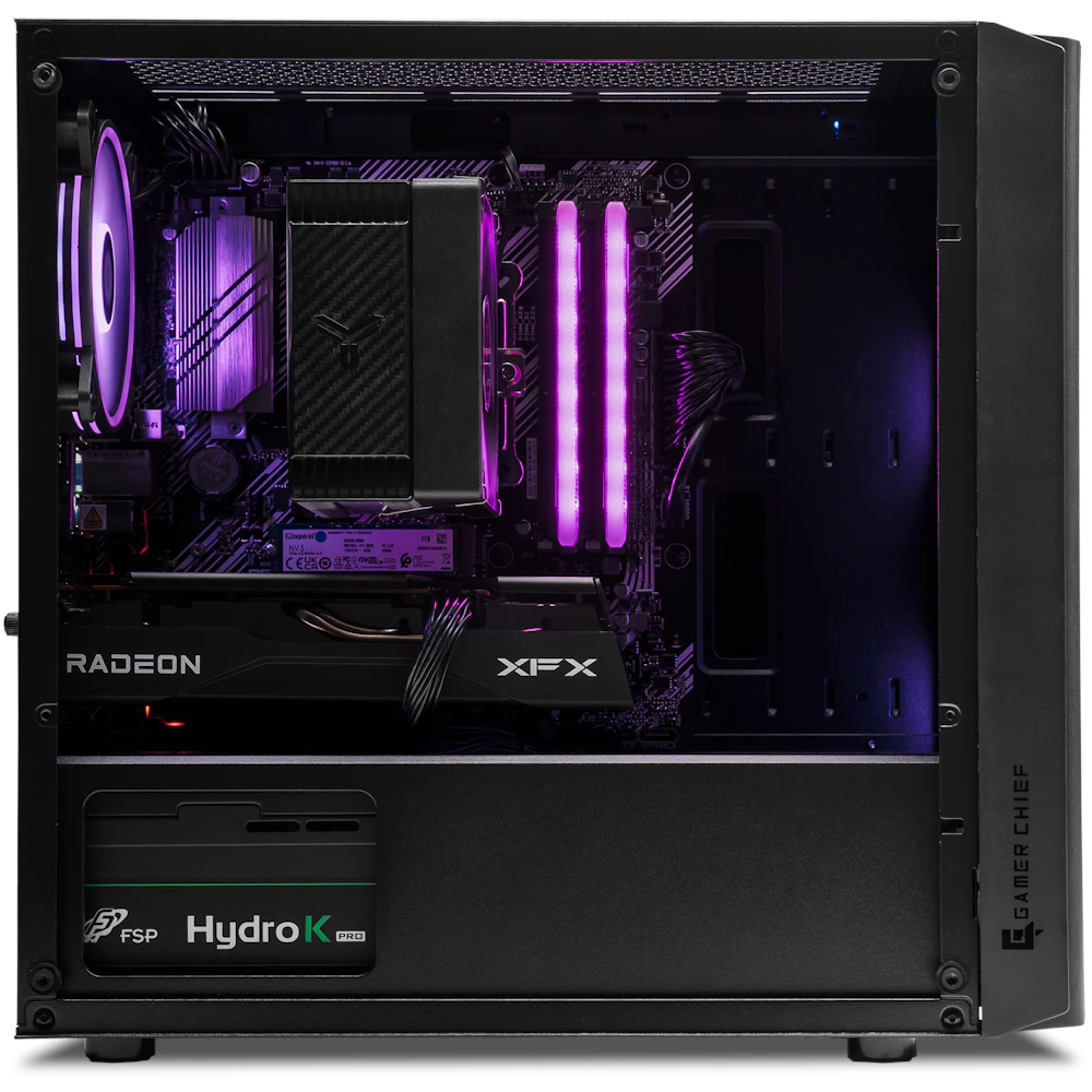 A large main feature product image of PLE Edge RX 9060 Prebuilt Ready To Go Gaming PC