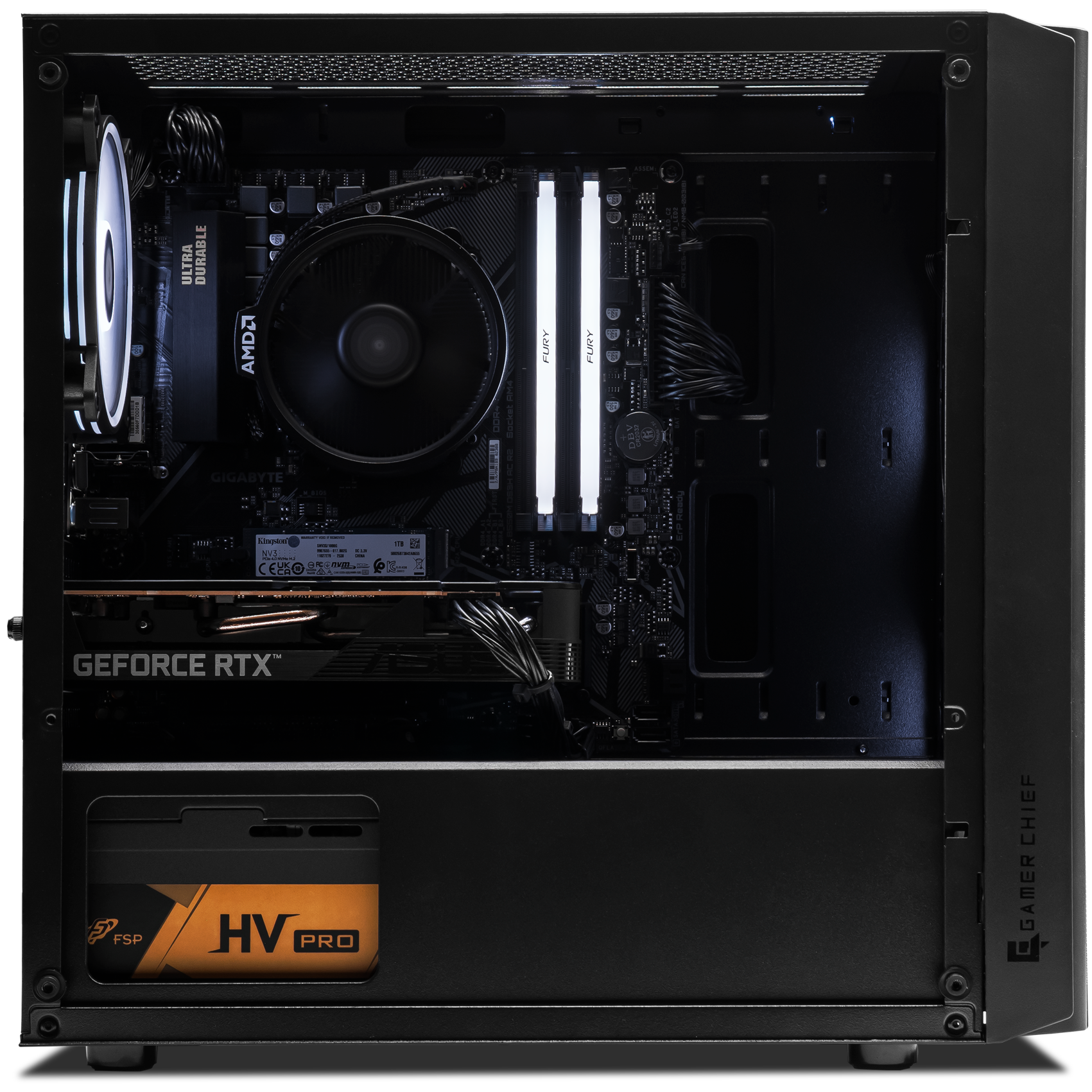 A large main feature product image of PLE Onyx RTX 5050 Prebuilt Ready To Go Gaming PC