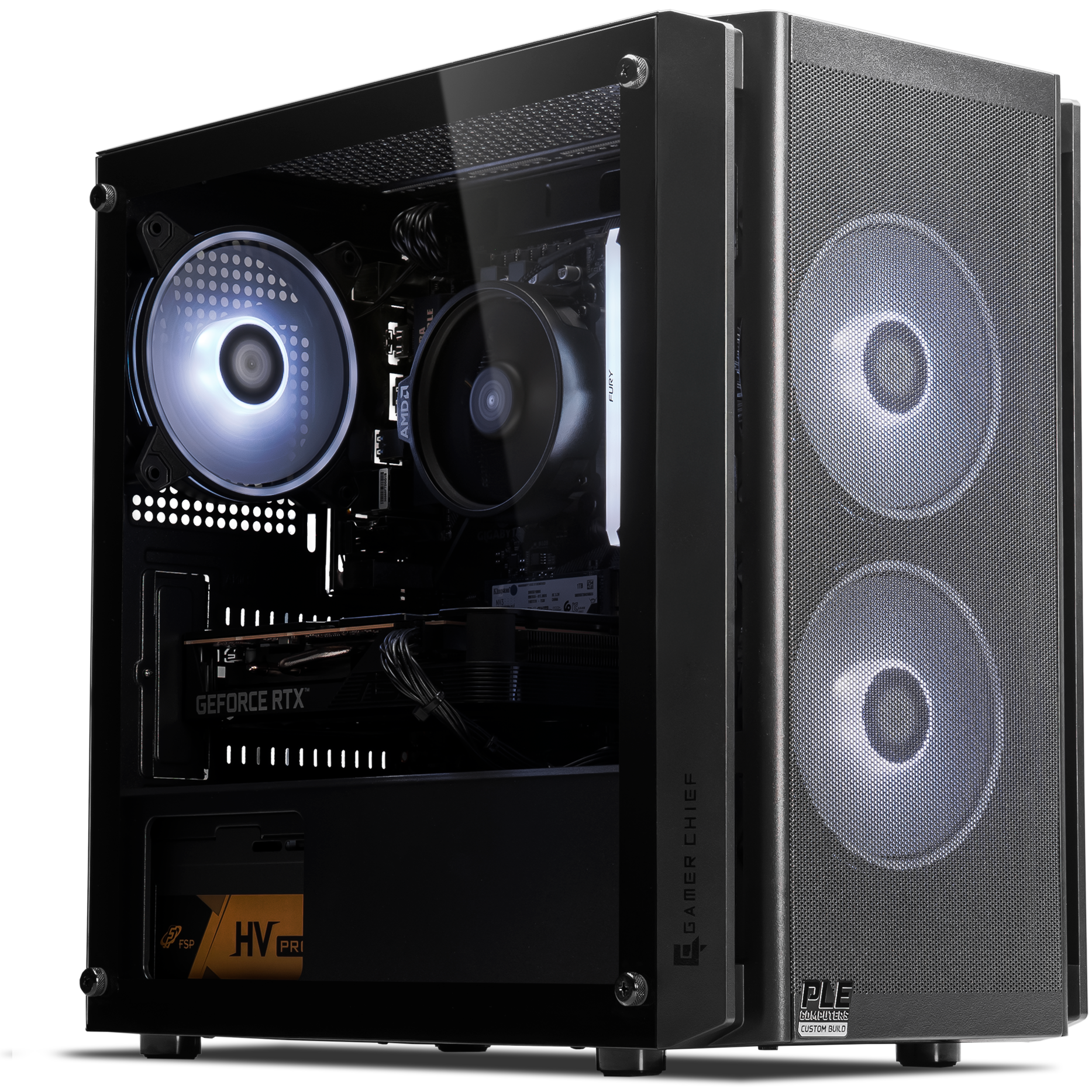 A large main feature product image of PLE Onyx RTX 5050 Prebuilt Ready To Go Gaming PC