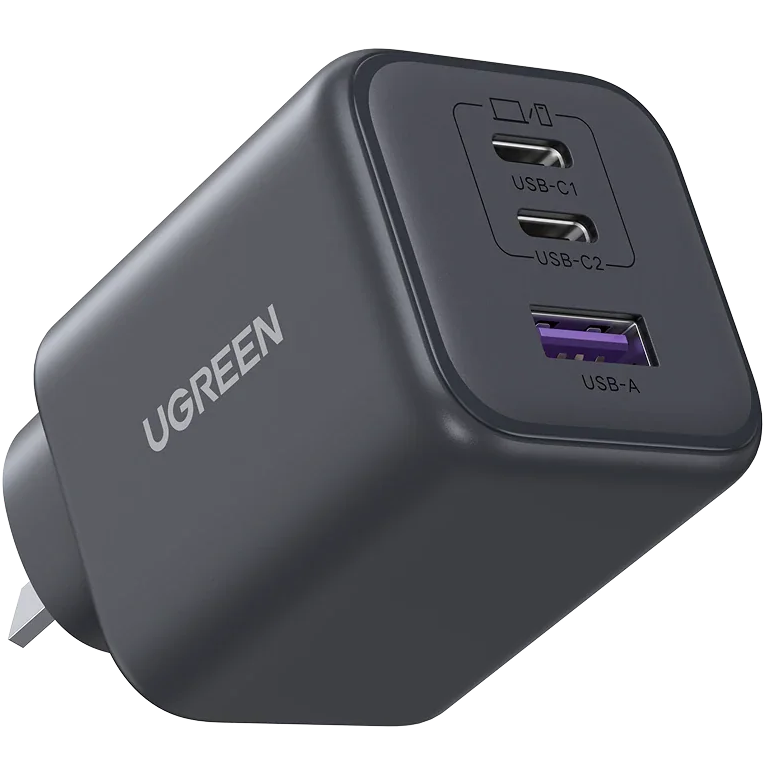 A large main feature product image of UGREEN Zapix 45W USB Type-C PD GaN 3-Port Wall Charger