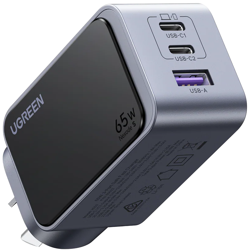 A large main feature product image of UGREEN Nexode S 65W USB Type-C PD GaN 3-Port Wall Charger