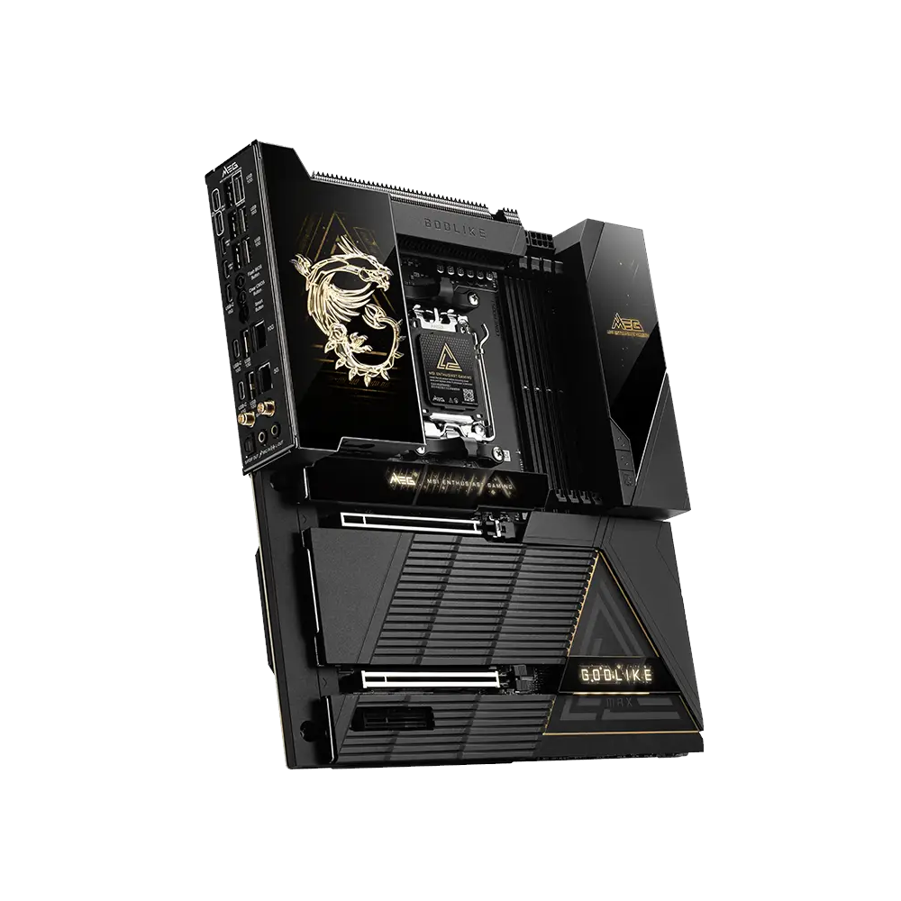 A large main feature product image of MSI MEG X870E GODLIKE MAX AM5 eATX Desktop Motherboard
