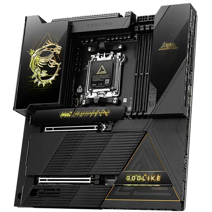 A large main feature product image of MSI MEG X870E GODLIKE MAX AM5 eATX Desktop Motherboard