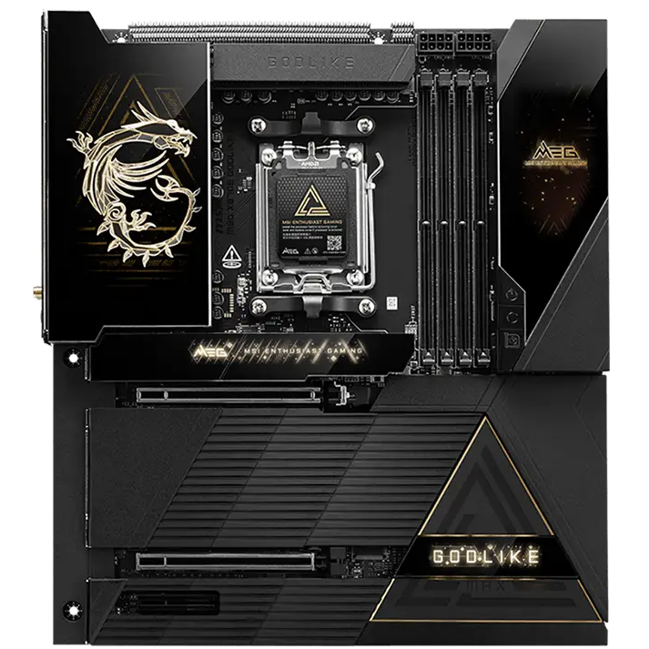 A large main feature product image of MSI MEG X870E GODLIKE MAX AM5 eATX Desktop Motherboard