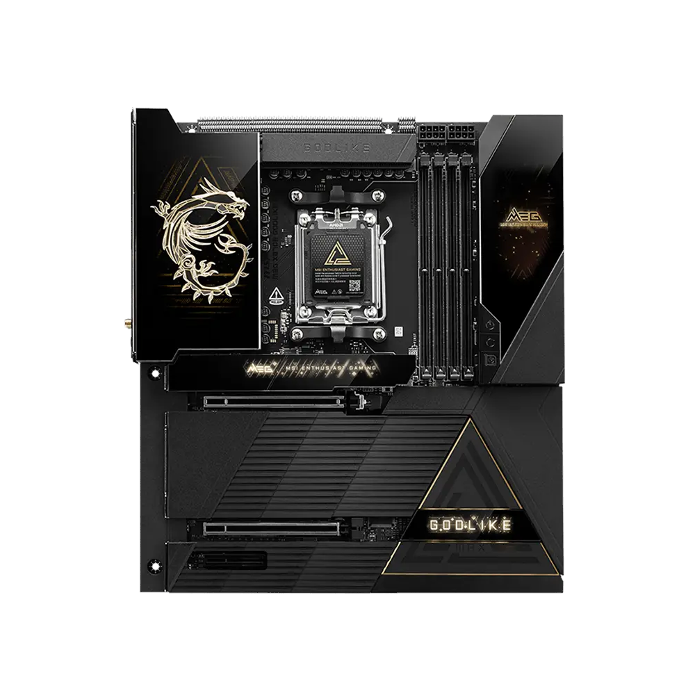A large main feature product image of MSI MEG X870E GODLIKE MAX AM5 eATX Desktop Motherboard