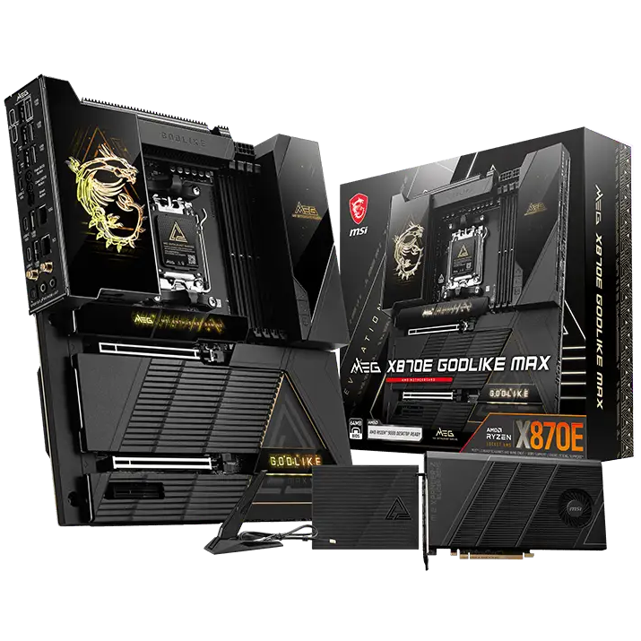 A large main feature product image of MSI MEG X870E GODLIKE MAX AM5 eATX Desktop Motherboard