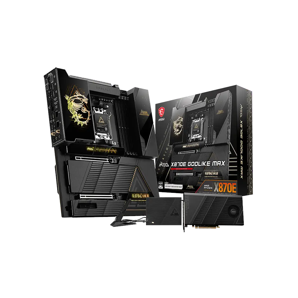 A large main feature product image of MSI MEG X870E GODLIKE MAX AM5 eATX Desktop Motherboard