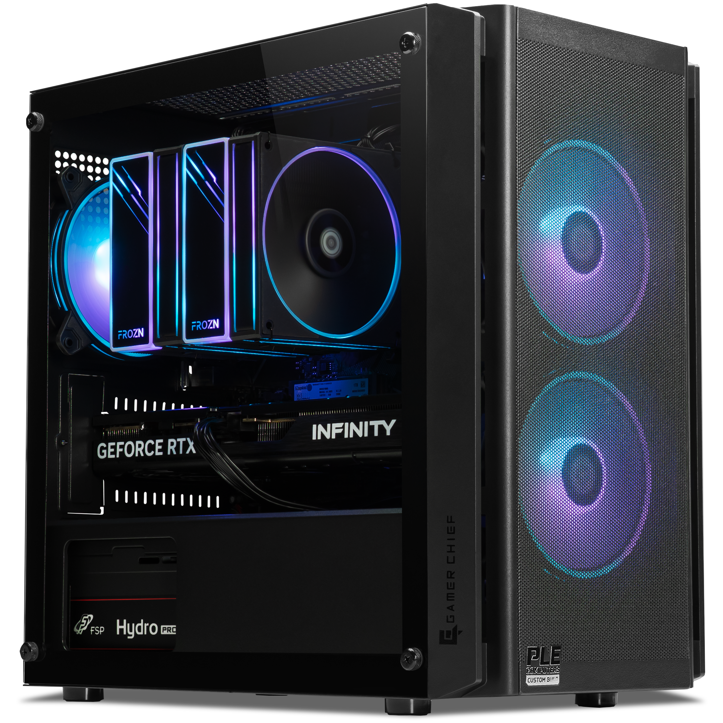 A large main feature product image of PLE Nebula RTX 5060 Ti Prebuilt Ready To Go Gaming PC