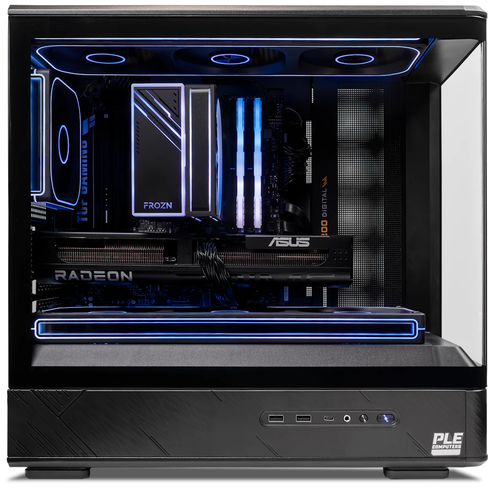 A large main feature product image of EX-DEMO PLE Carbon RX 9060 XT Prebuilt Ready To Go Gaming PC