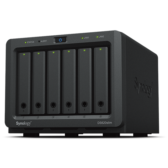A large main feature product image of Synology DS620 SLIM DiskStation 2.5" HDD 6-Bay NAS (2.0GHz Intel  2-Core,  2GB RAM, 1GbE)