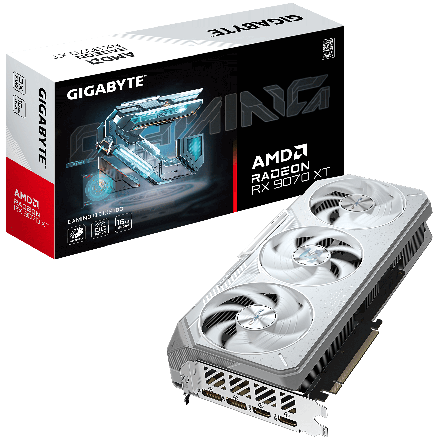 A large main feature product image of EX-DEMO Gigabyte Radeon RX 9070 XT Gaming Ice OC 16GB GDDR6