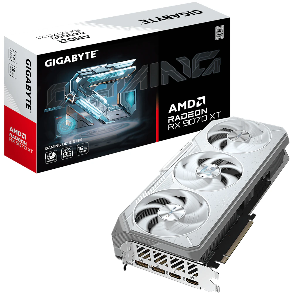 A large main feature product image of EX-DEMO Gigabyte Radeon RX 9070 XT Gaming Ice OC 16GB GDDR6
