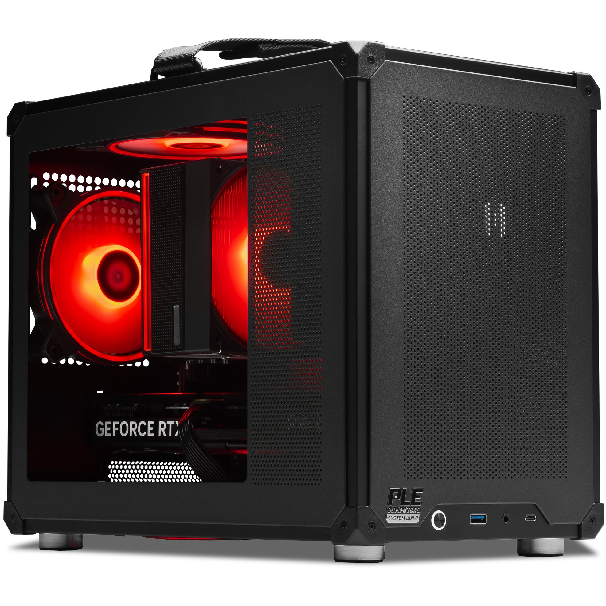 A large main feature product image of PLE Fortress RTX 5060 Ti Prebuilt Ready To Go Gaming PC