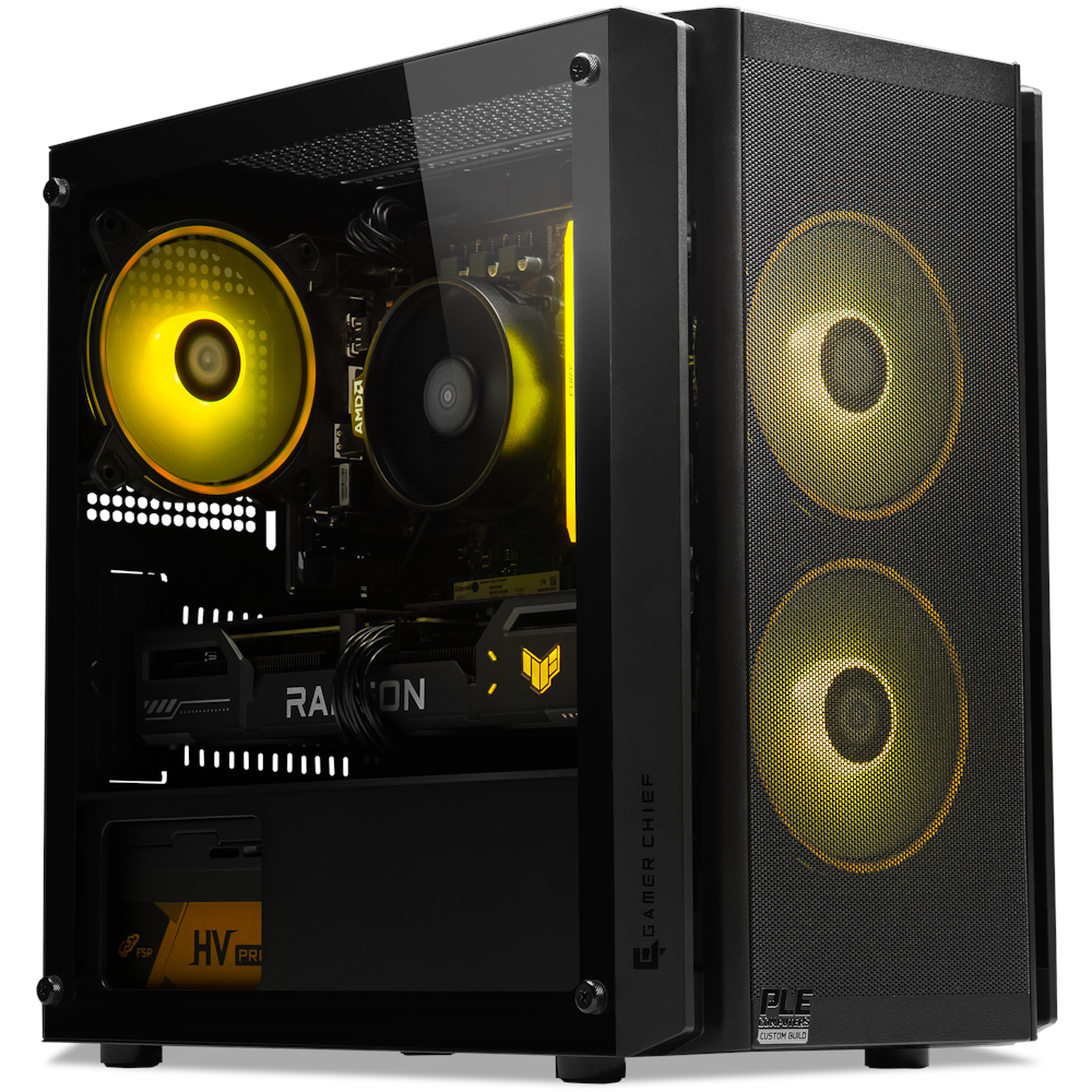 A large main feature product image of PLE Spark RX 9060 XT 16GB Prebuilt Ready To Go Gaming PC