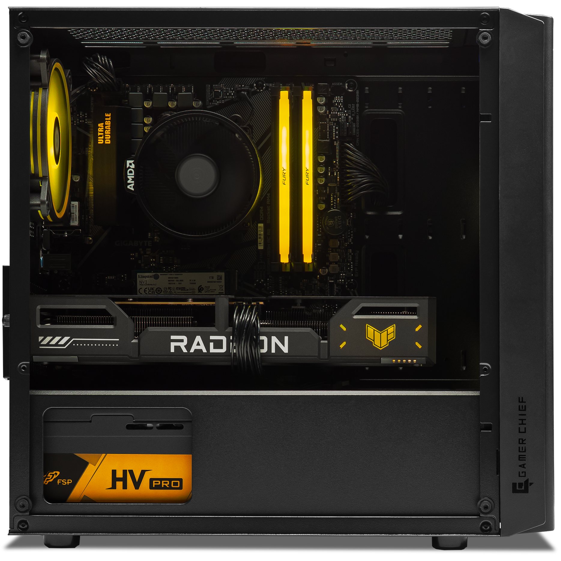 A large main feature product image of PLE Spark RX 9060 XT 16GB Prebuilt Ready To Go Gaming PC