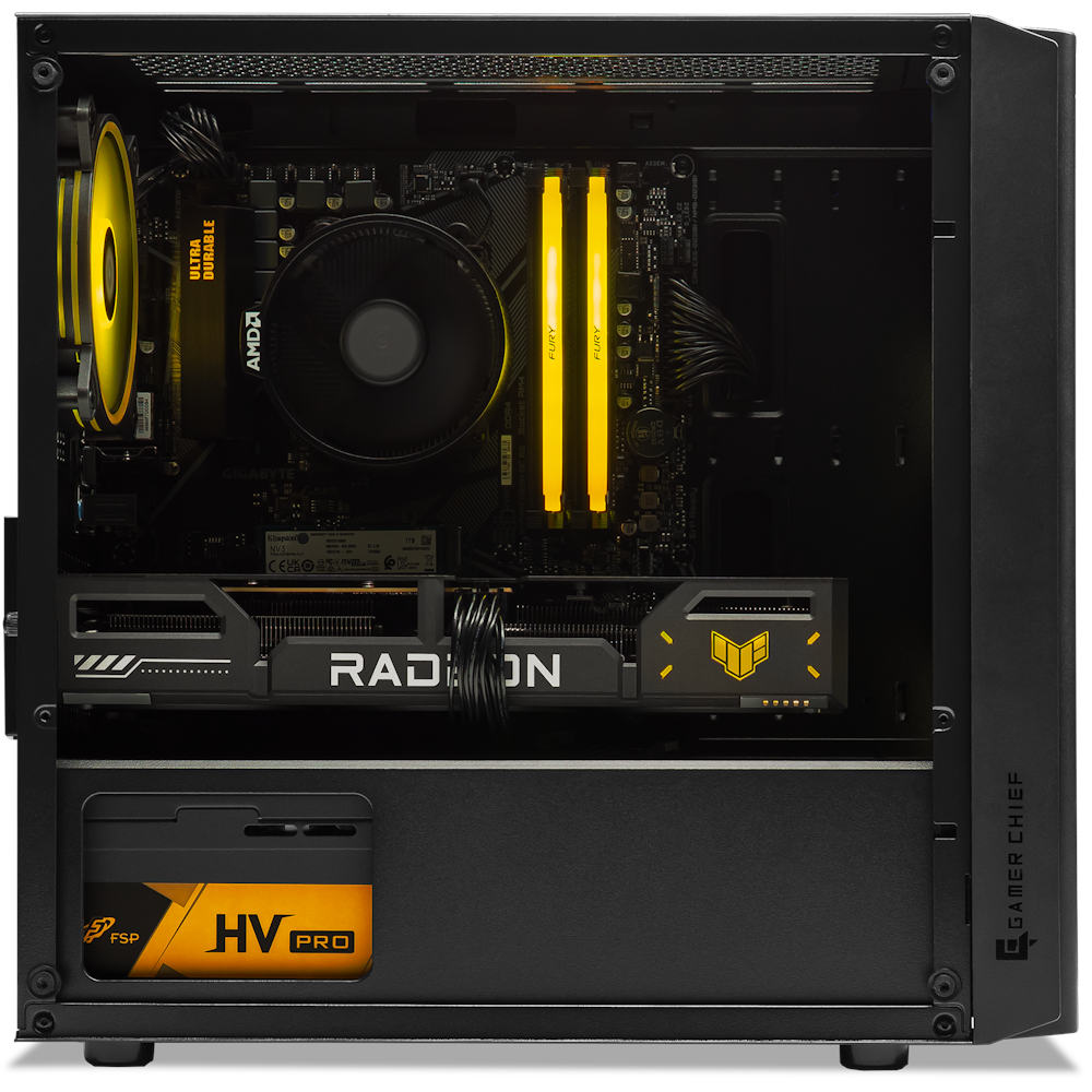 A large main feature product image of PLE Spark RX 9060 XT 16GB Prebuilt Ready To Go Gaming PC