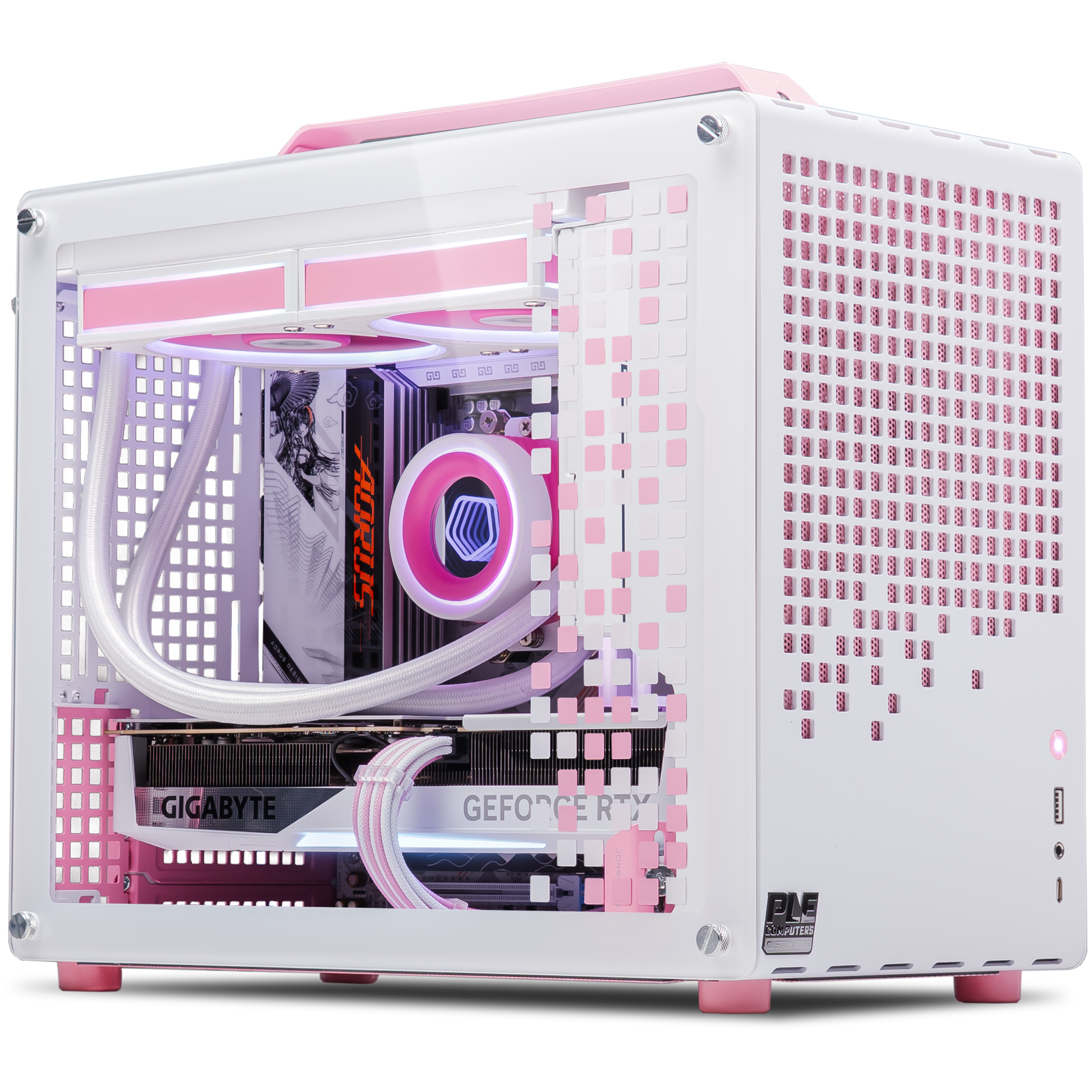 A large main feature product image of PLE Sakura RTX 5070 Ti Prebuilt Ready To Go Gaming PC