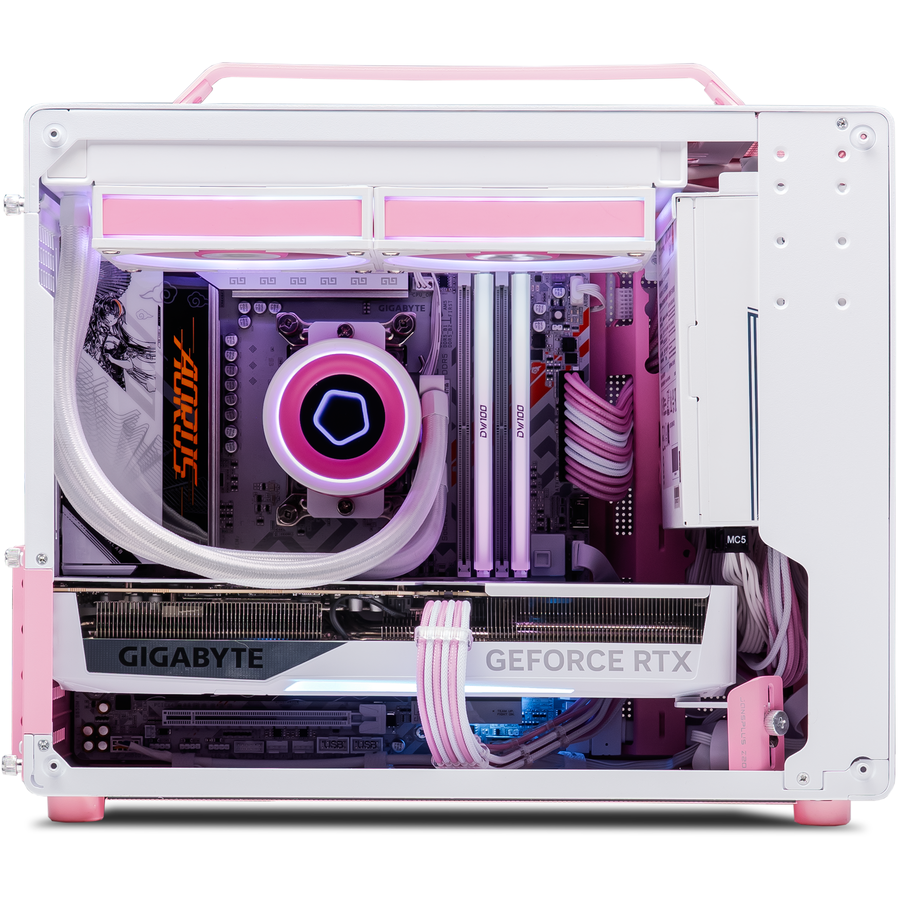 A large main feature product image of PLE Sakura RTX 5070 Ti Prebuilt Ready To Go Gaming PC