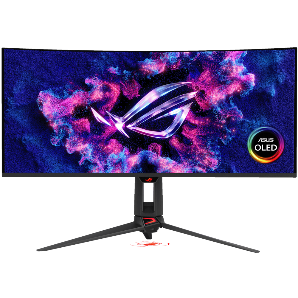 A large main feature product image of ASUS ROG Swift PG34WCDN - 34" Curved 1440p 360Hz 0.03ms QD-OLED Monitor