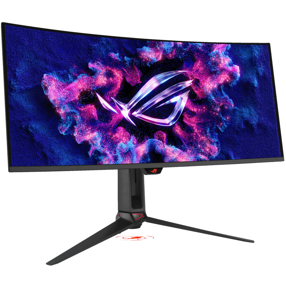 A large main feature product image of ASUS ROG Swift PG34WCDN - 34" Curved 1440p 360Hz 0.03ms QD-OLED Monitor