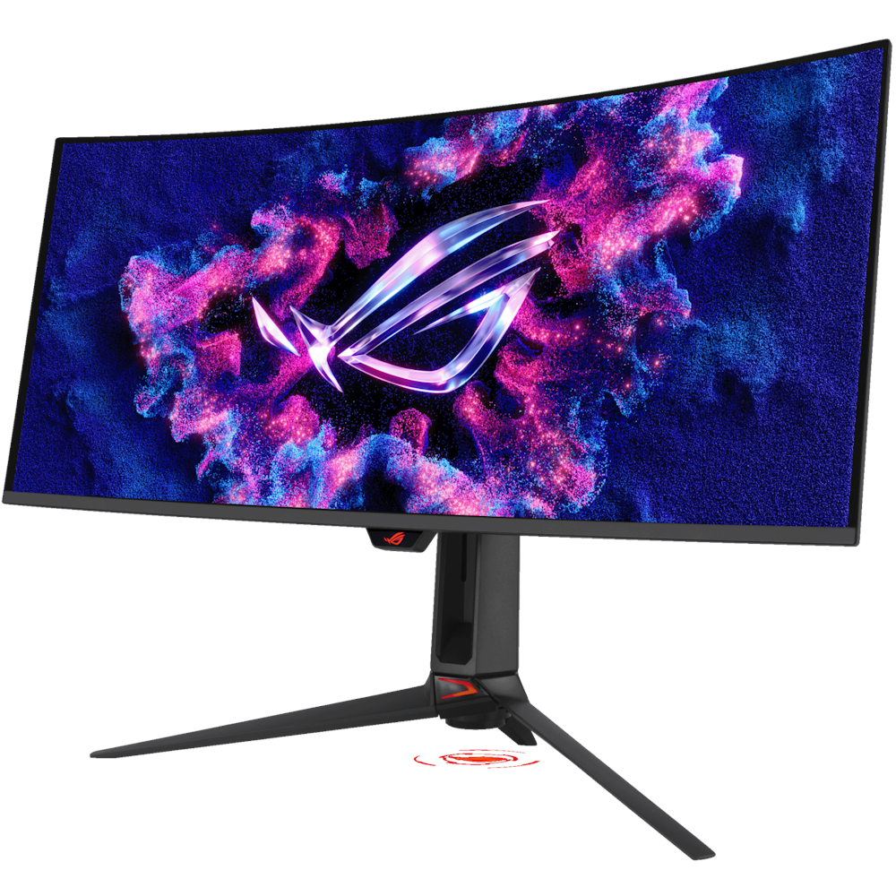A large main feature product image of ASUS ROG Swift PG34WCDN - 34" Curved 1440p 360Hz 0.03ms QD-OLED Monitor