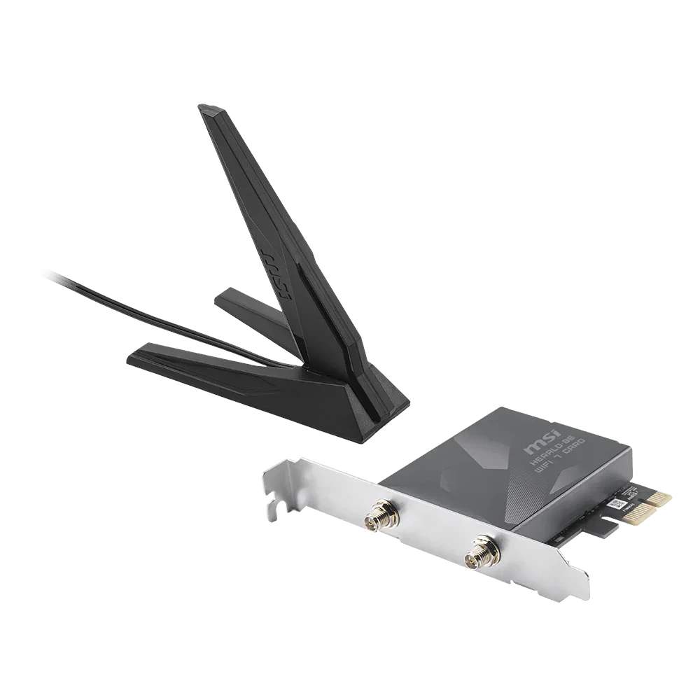 A large main feature product image of EX-DEMO MSI Herald BE9400 WiFi 7 PCIe Card