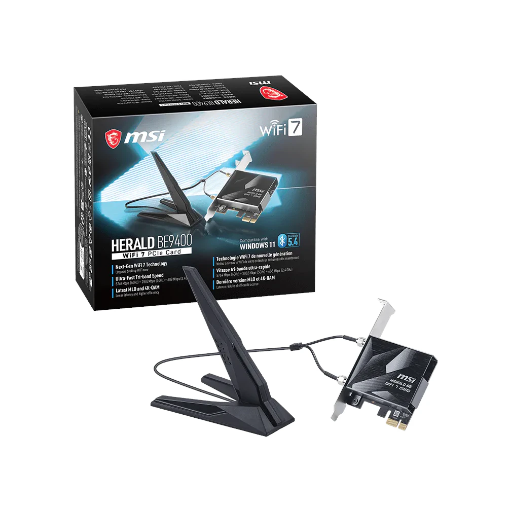 A large main feature product image of EX-DEMO MSI Herald BE9400 WiFi 7 PCIe Card