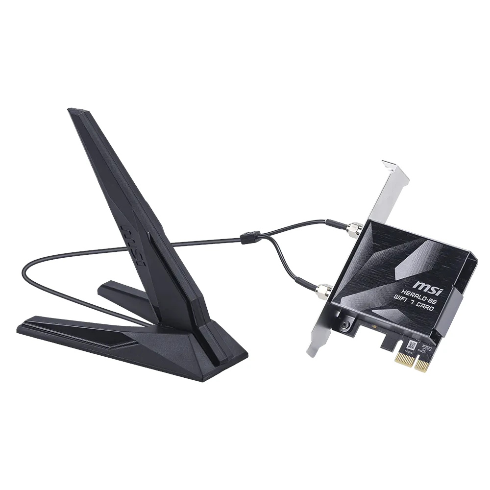 A large main feature product image of EX-DEMO MSI Herald BE9400 WiFi 7 PCIe Card